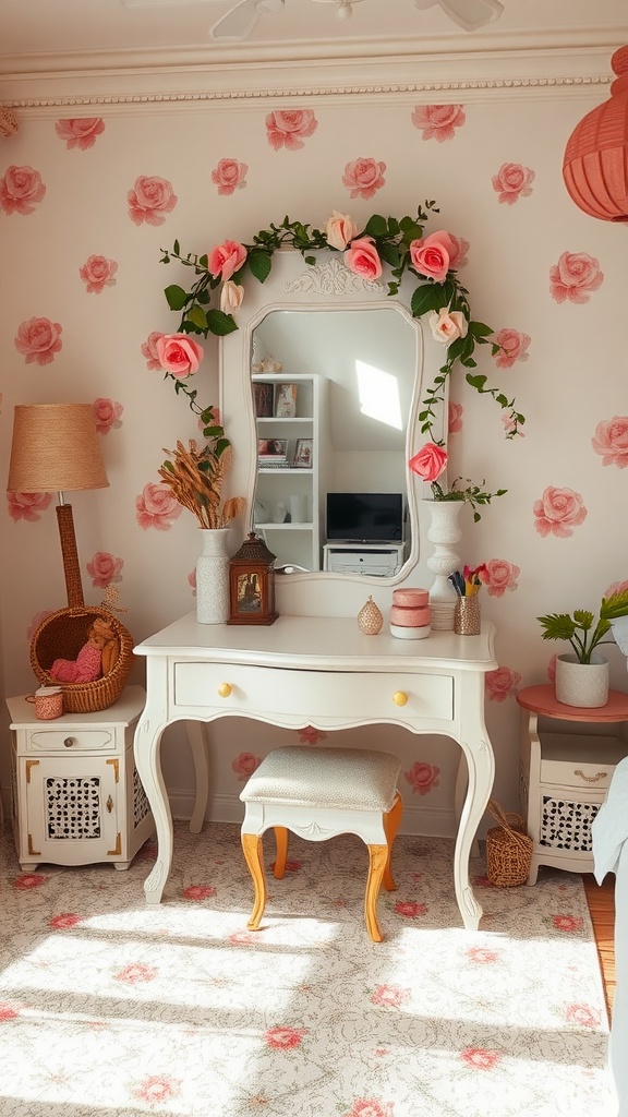Whimsical vanity with floral motifs and elegant decor in a bright bedroom