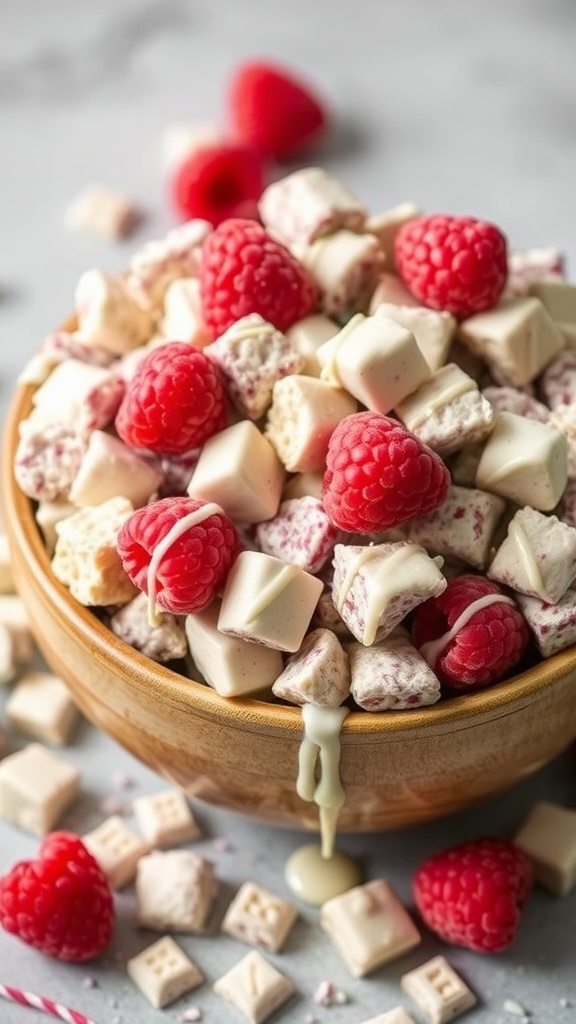 Bowl of White Chocolate Raspberry Muddy Buddies with fresh raspberries