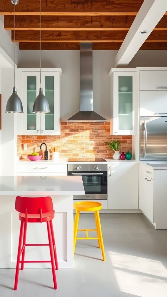 A bright and modern white kitchen featuring colorful red and yellow stools.