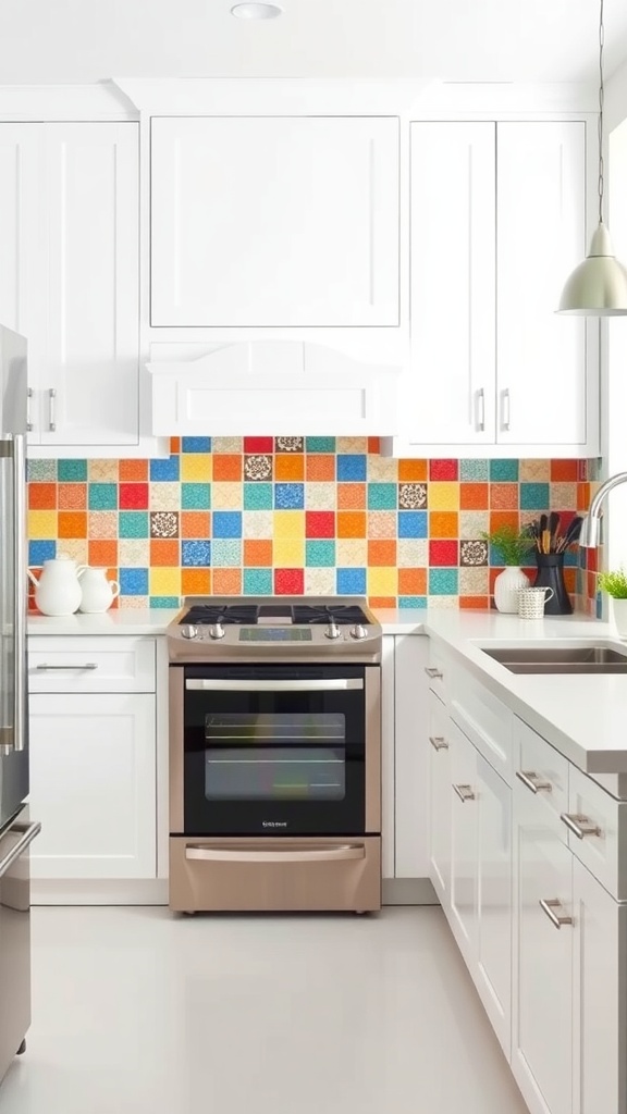 White kitchen with colorful tile backsplash featuring red, blue, yellow, and orange tiles
