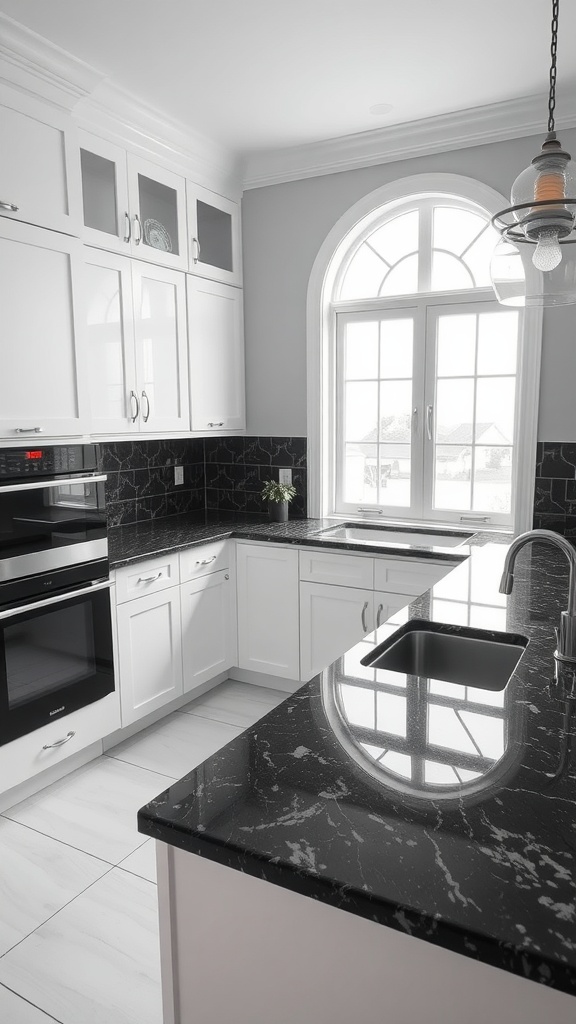 A bright white kitchen featuring dark marble countertops and large windows.
