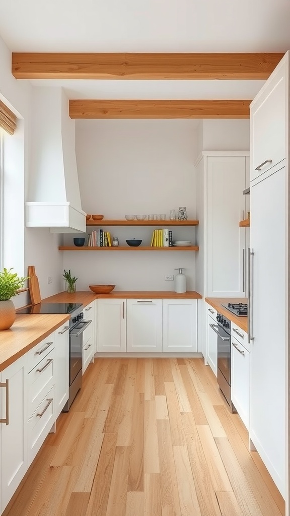 A modern white kitchen featuring natural wood elements, including shelves and beams.