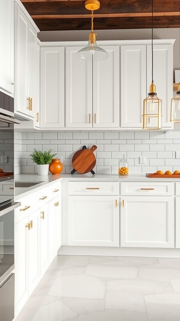 A bright white kitchen featuring statement lighting with glass and gold fixtures