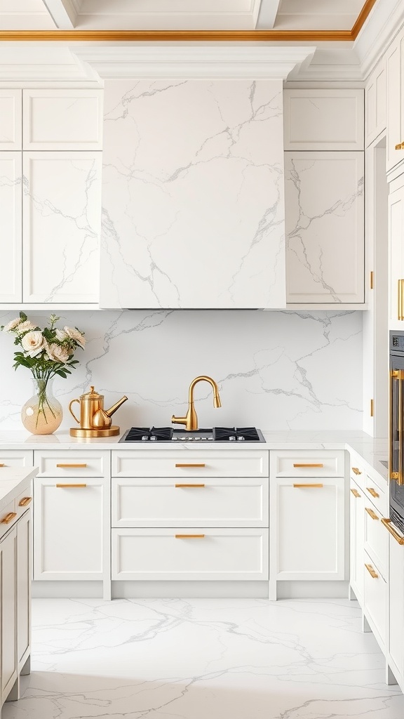 Elegant kitchen with white marble backsplash and gold accents