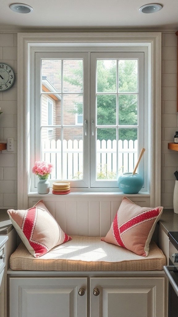 A cozy kitchen window seat with colorful cushions and decorative items