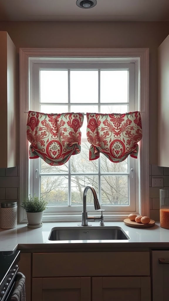 A sunny kitchen window with patterned valance curtains, showcasing a bright and inviting atmosphere.