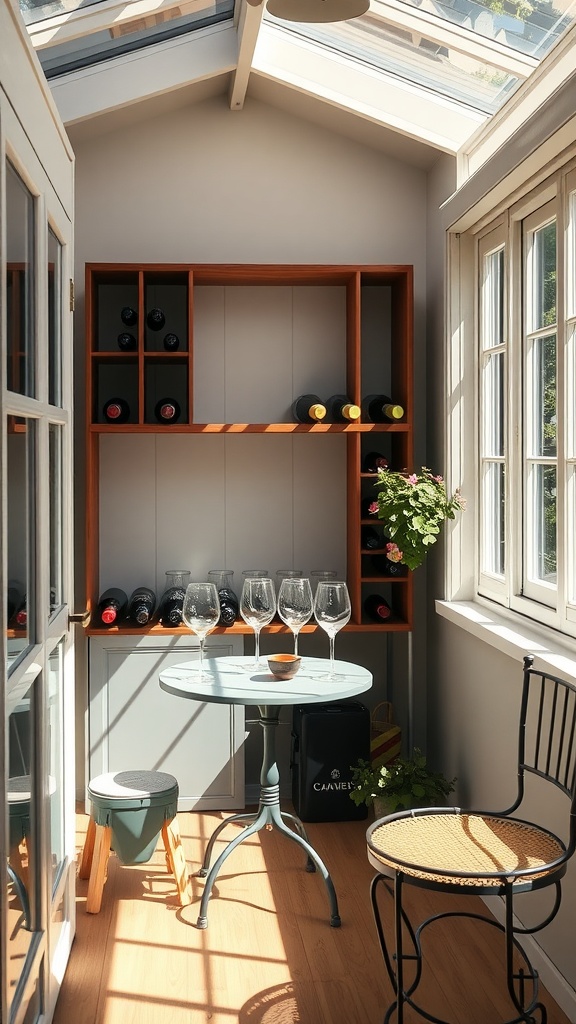 A sunroom designed as a wine tasting area, featuring a small table with glasses, a wine rack, and natural light.