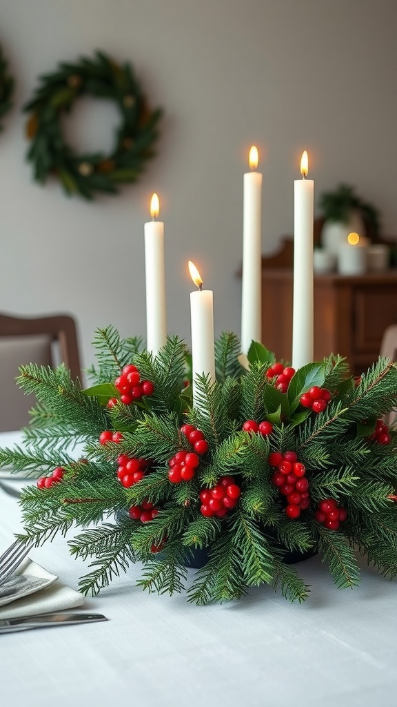 A winter evergreen centerpiece featuring fresh greenery and red berries with lit white candles.