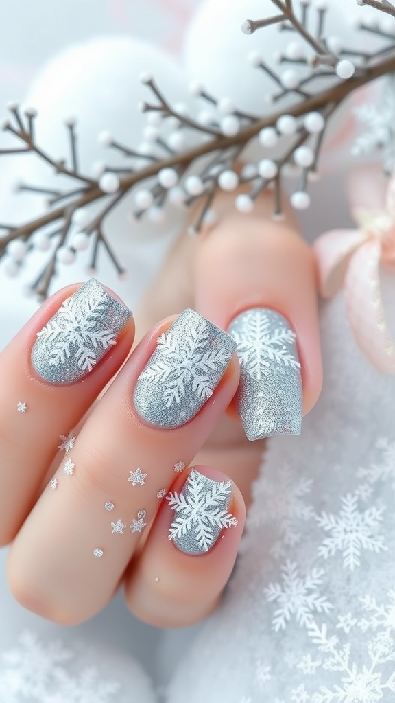 Glittery silver nails with snowflake designs for winter