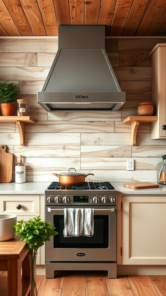 A cozy kitchen featuring a wood plank backsplash, modern stove, and warm decor.