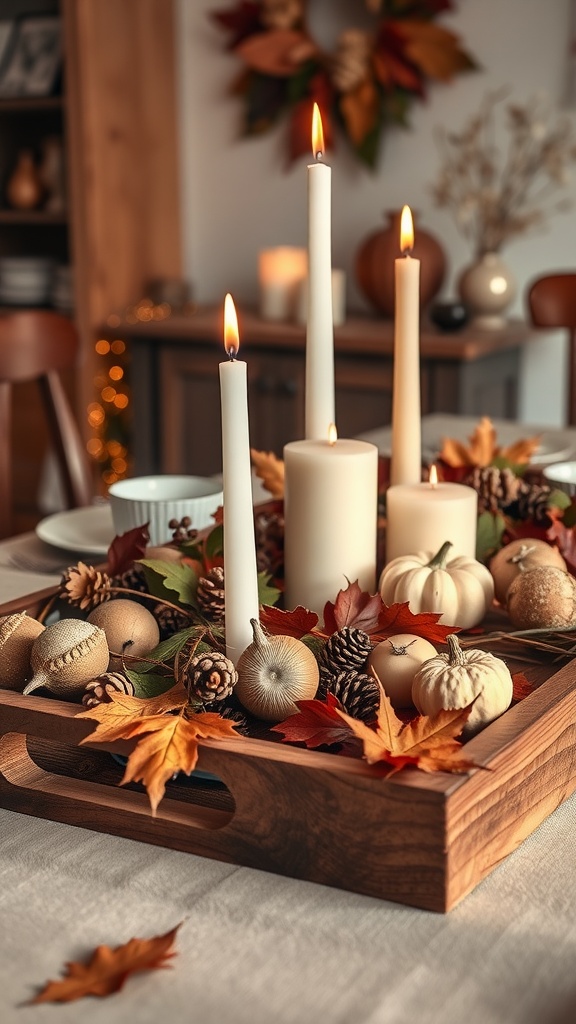 A wooden tray centerpiece with candles, pumpkins, pine cones, and autumn leaves.