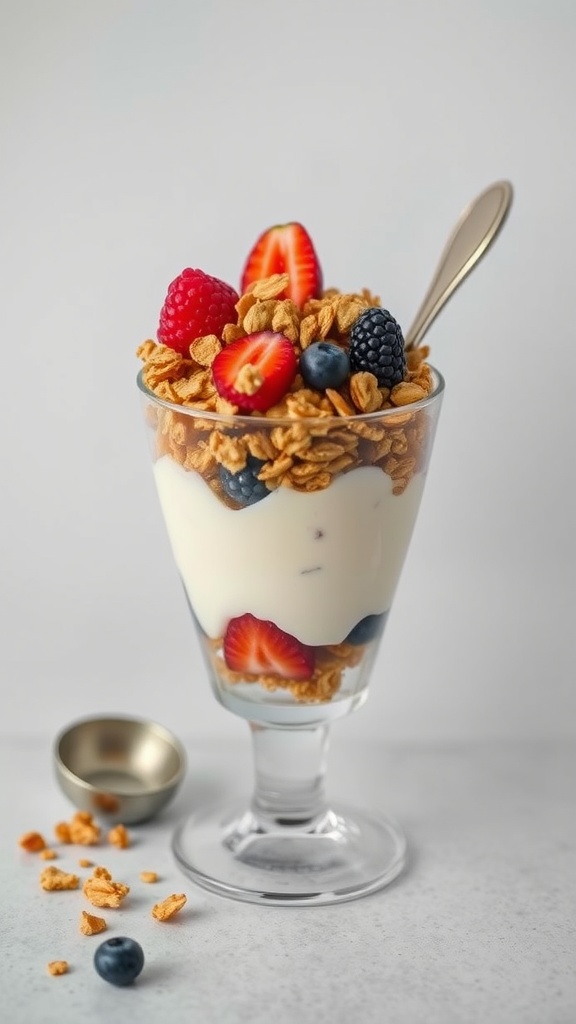 Yogurt parfait with granola and berries in a glass