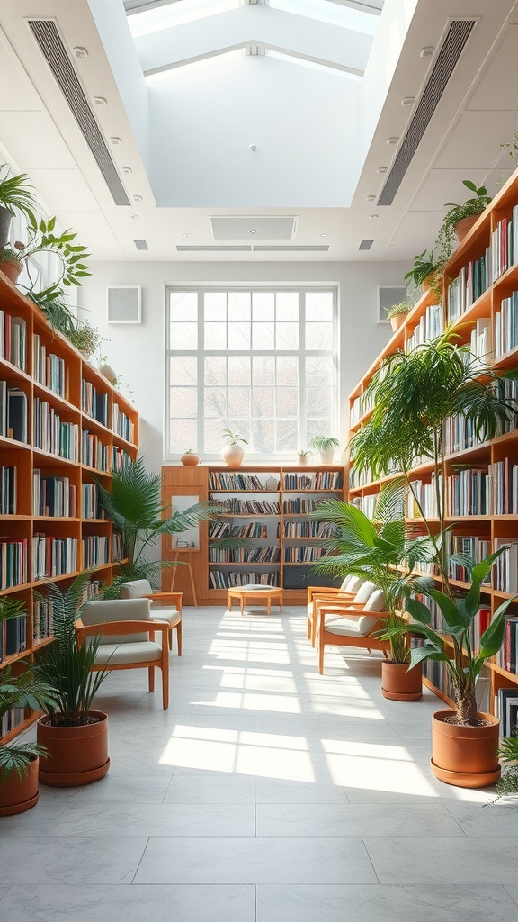 A serene library space filled with bookshelves, plants, and natural light.