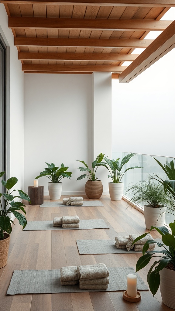 A serene balcony setting with mats, towels, and potted plants, ideal for meditation.