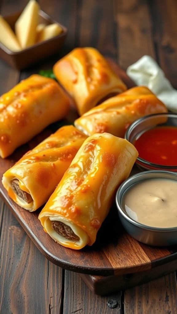 Zesty cheese and sausage rolls on a wooden platter