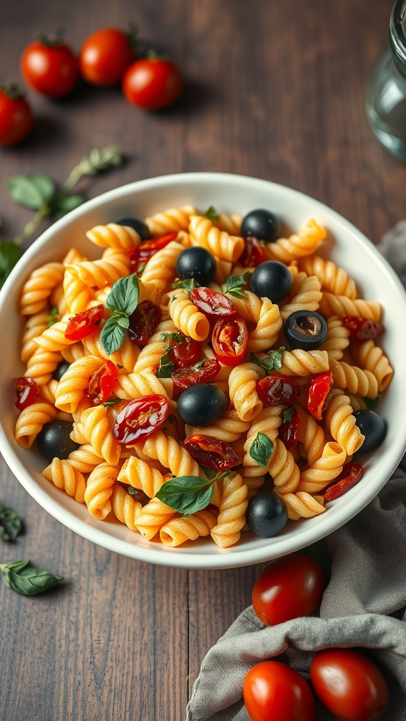 A bowl of Zesty Greek Pasta Salad featuring rotini pasta, sun-dried tomatoes, black olives, and fresh basil.