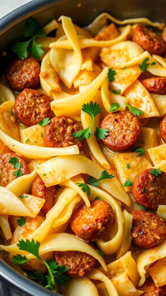 A delicious casserole with Italian sausage and cabbage.