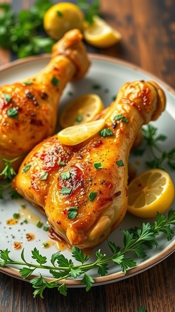Zesty lemon chicken drumsticks garnished with parsley and lemon slices