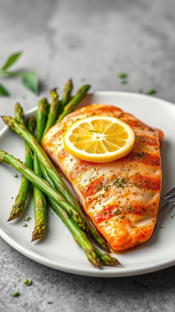 A plate of zesty lemon garlic salmon with asparagus
