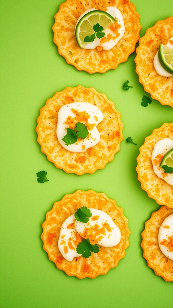Delicious lime and cilantro cheese crisps arranged on a green background.