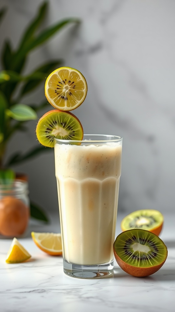 A refreshing Zesty Lime and Kiwi Smoothie in a glass, garnished with lime and kiwi slices.