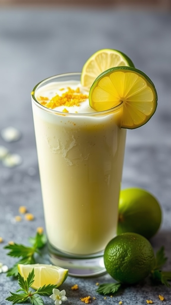 A refreshing Zesty Lime Keto Shake in a tall glass, garnished with lime slices.