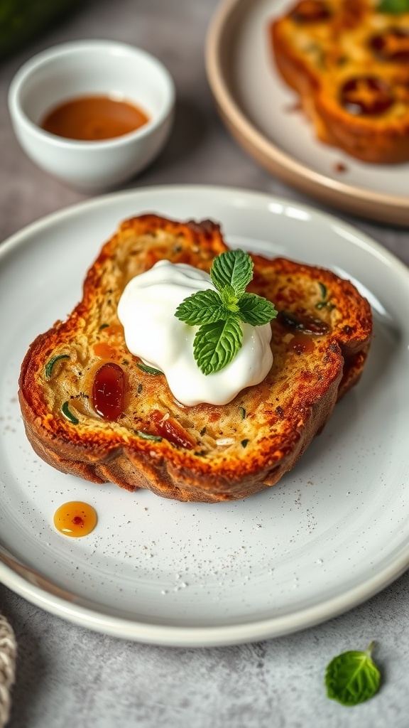 A plate of Zucchini Bread French Toast topped with whipped cream and a mint leaf, served with a side of syrup.