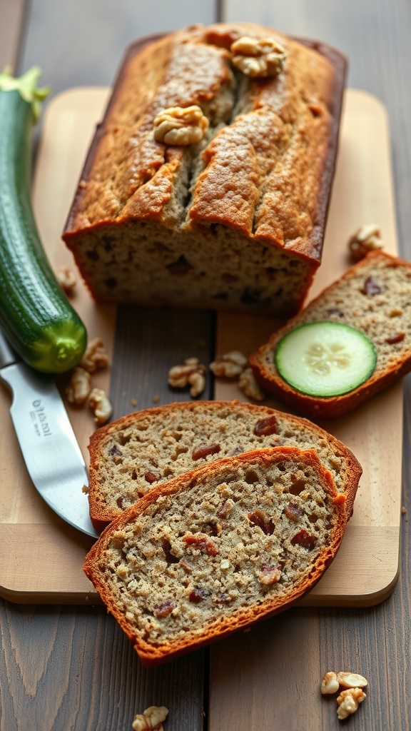 Delicious zucchini bread with walnuts, sliced and ready to serve.