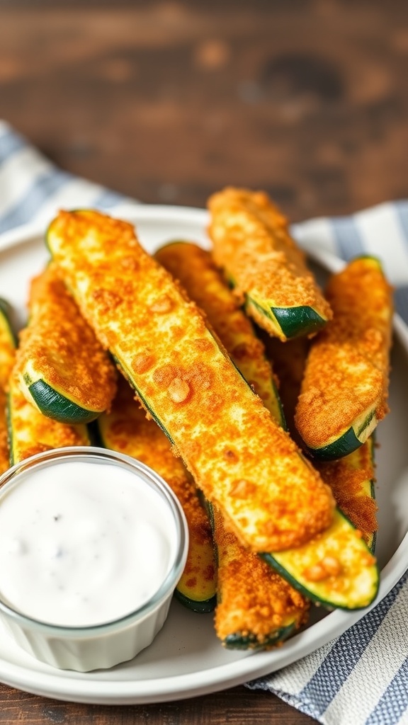 Plate of crispy zucchini cheese sticks served with a dipping sauce