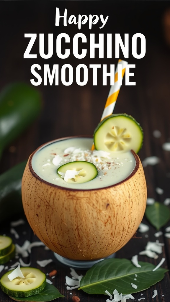 A creamy zucchini coconut smoothie garnished with cucumber slices and shredded coconut.