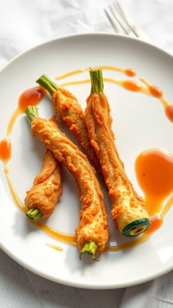 Fried zucchini flowers presented on a plate with a drizzle of sauce.