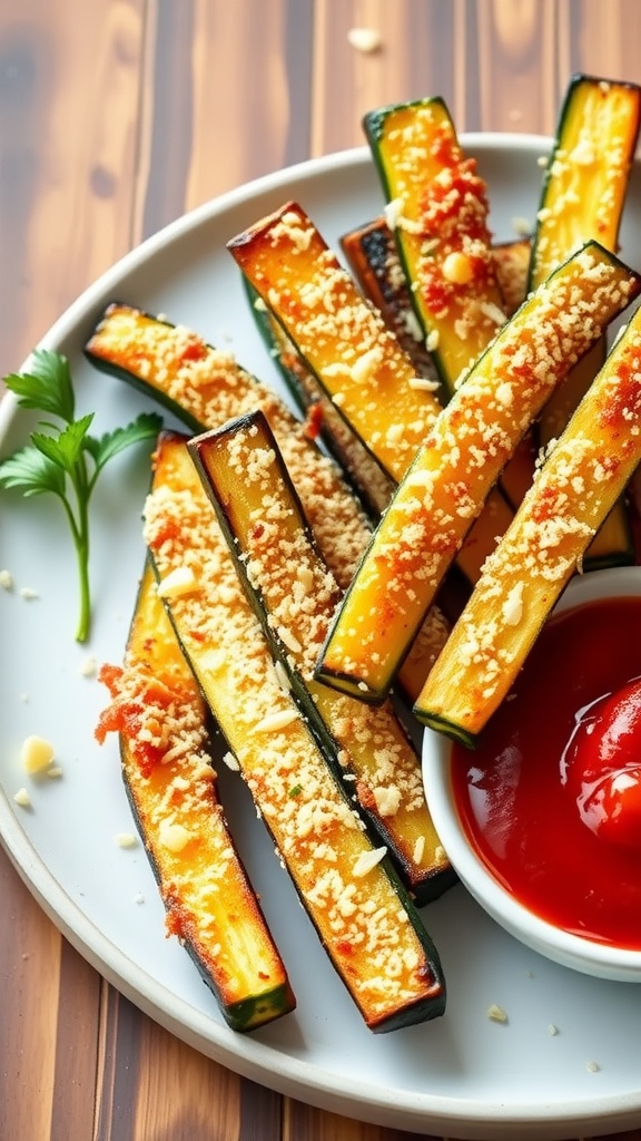 A plate of crispy zucchini fries topped with Parmesan cheese, served with a small bowl of dipping sauce.