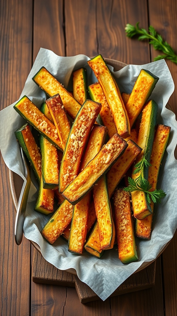 A bowl of crispy zucchini fries with a golden Parmesan crust, garnished with fresh herbs.