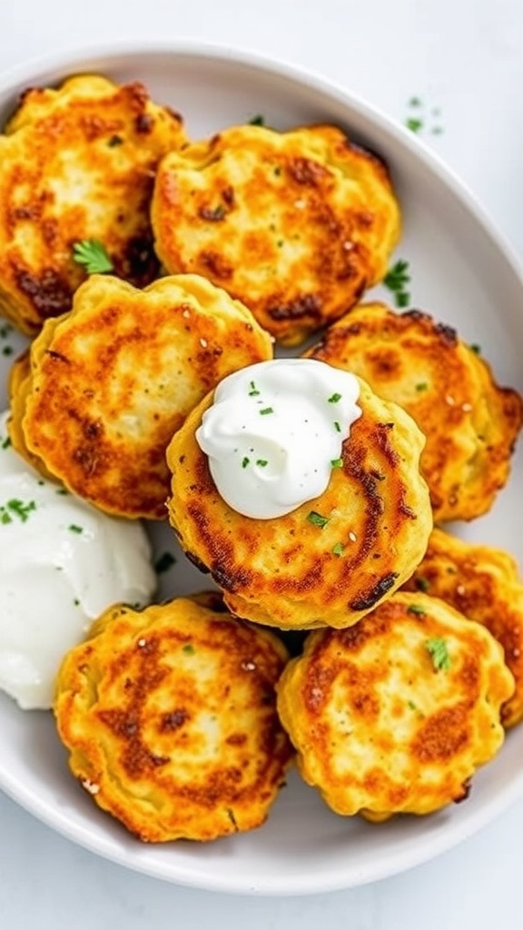 A plate of crispy zucchini fritters served with a dollop of tzatziki sauce.