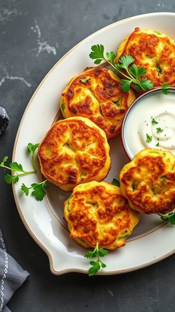 Zucchini fritters arranged on a platter with a yogurt dip and garnished with parsley.
