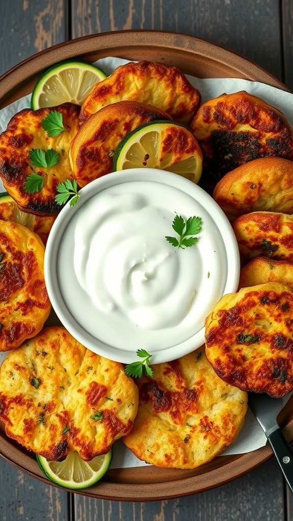 Delicious zucchini fritters served with a creamy yogurt dip