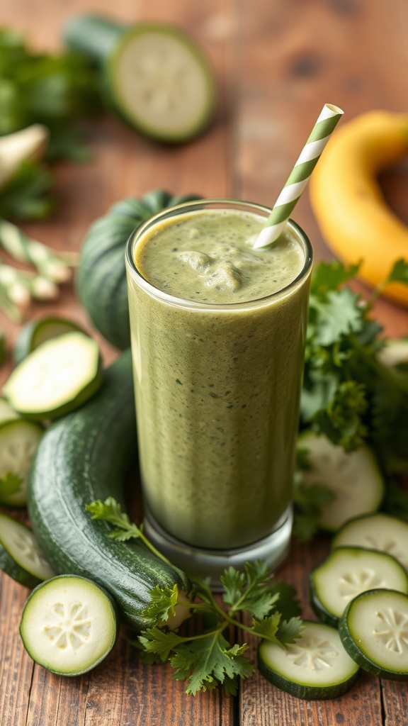 A green smoothie made with kale and zucchini, surrounded by fresh ingredients.