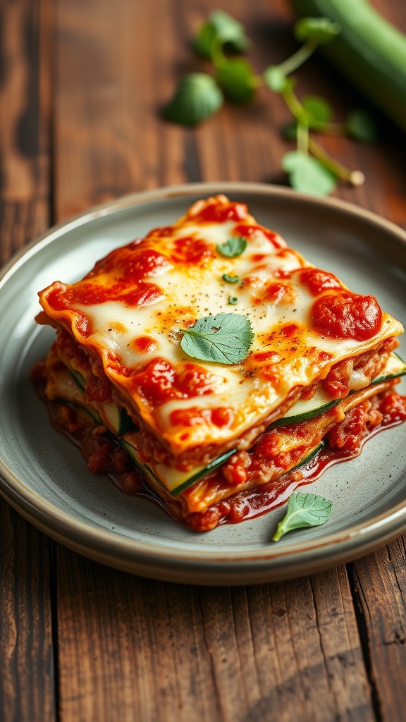 A delicious serving of zucchini lasagna with layers of meat sauce and cheese