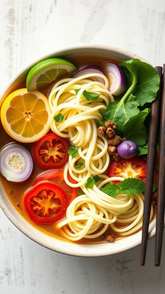 A bowl of zucchini noodle ramen with colorful vegetables and herbs.