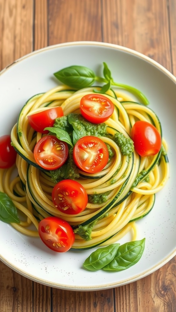 A plate of zucchini noodles topped with pesto and cherry tomatoes
