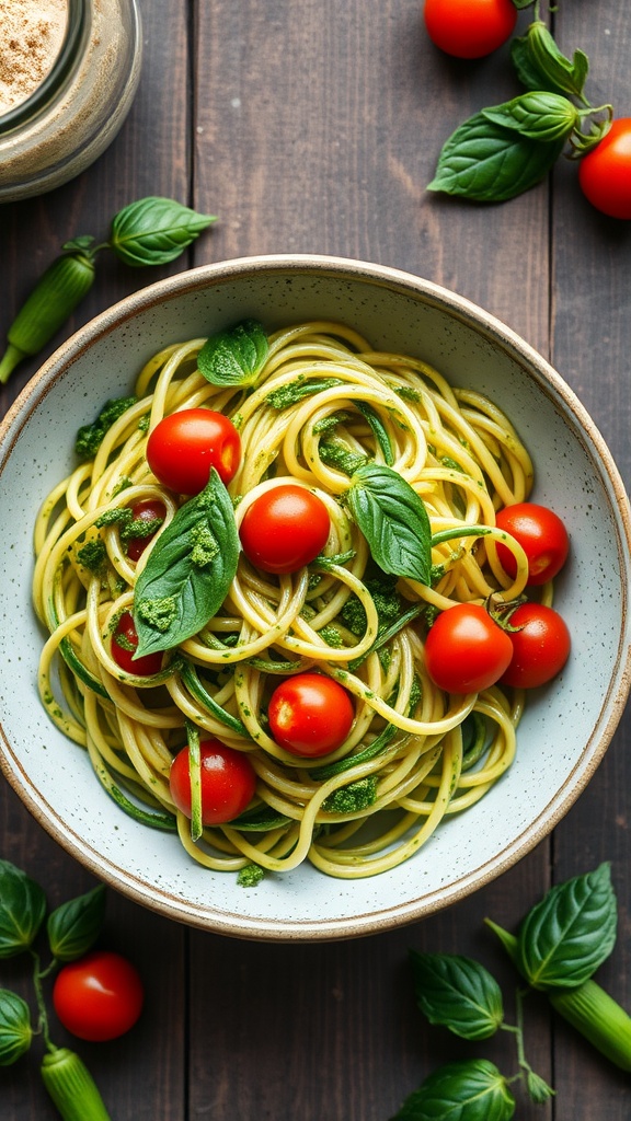A bowl of zucchini noodles with pesto and cherry tomatoes, garnished with fresh basil.