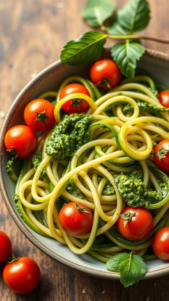 A bowl of zucchini noodles topped with pesto and cherry tomatoes.