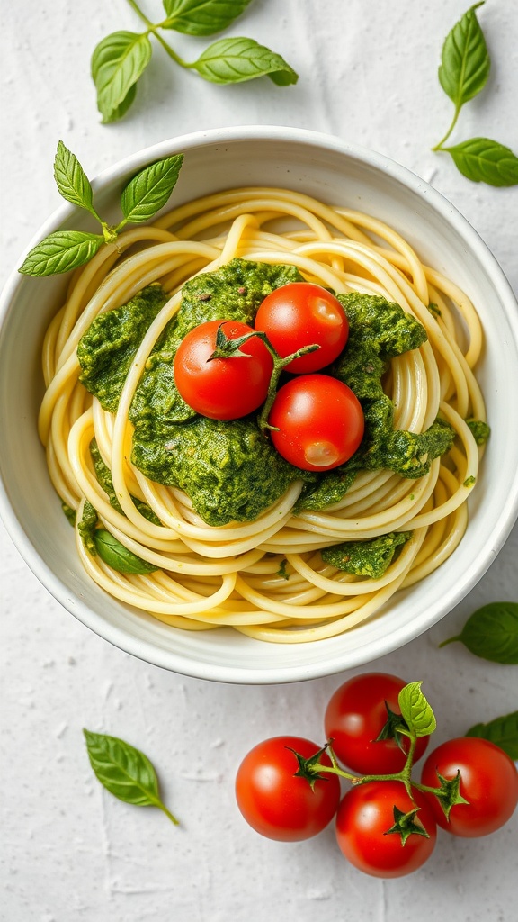 A bowl of zucchini noodles topped with pesto and cherry tomatoes