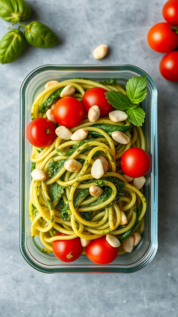 A bento box filled with zucchini noodles, pesto, cherry tomatoes, and nuts.