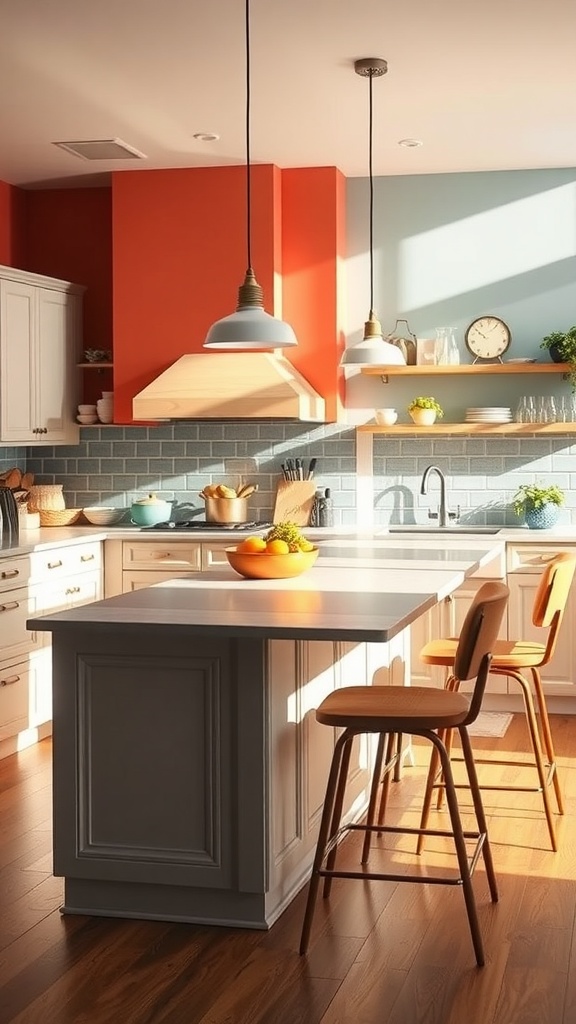A cozy kitchen with a breakfast bar integrated into the kitchen island, featuring a bowl of oranges and warm lighting.