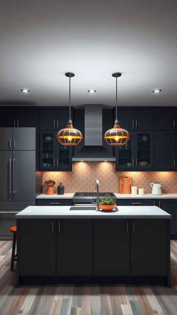 Modern kitchen with stylish pendant lights above a dark kitchen island.