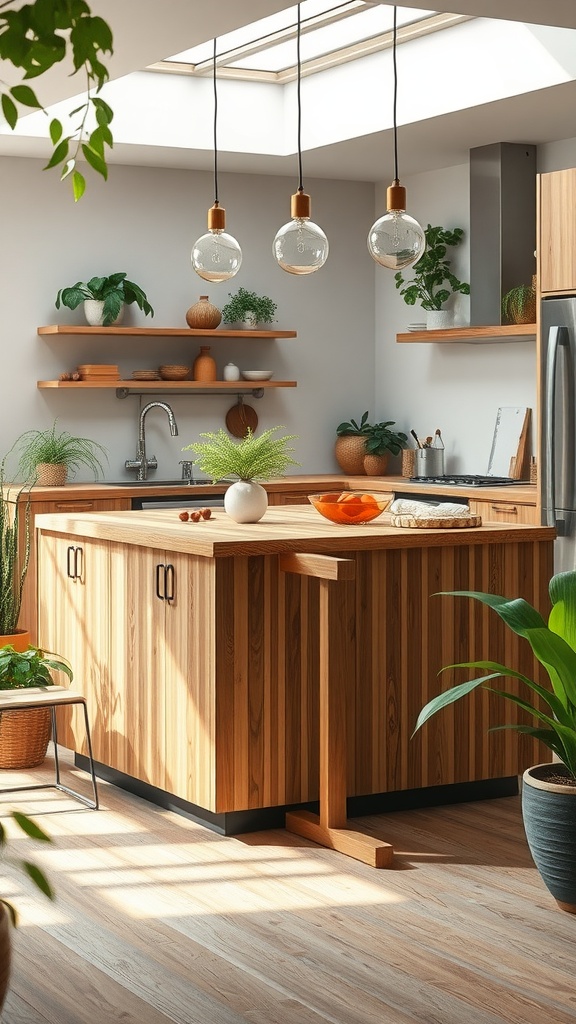 A modern kitchen featuring a wooden island, hanging lights, and plants, showcasing eco-friendly design.