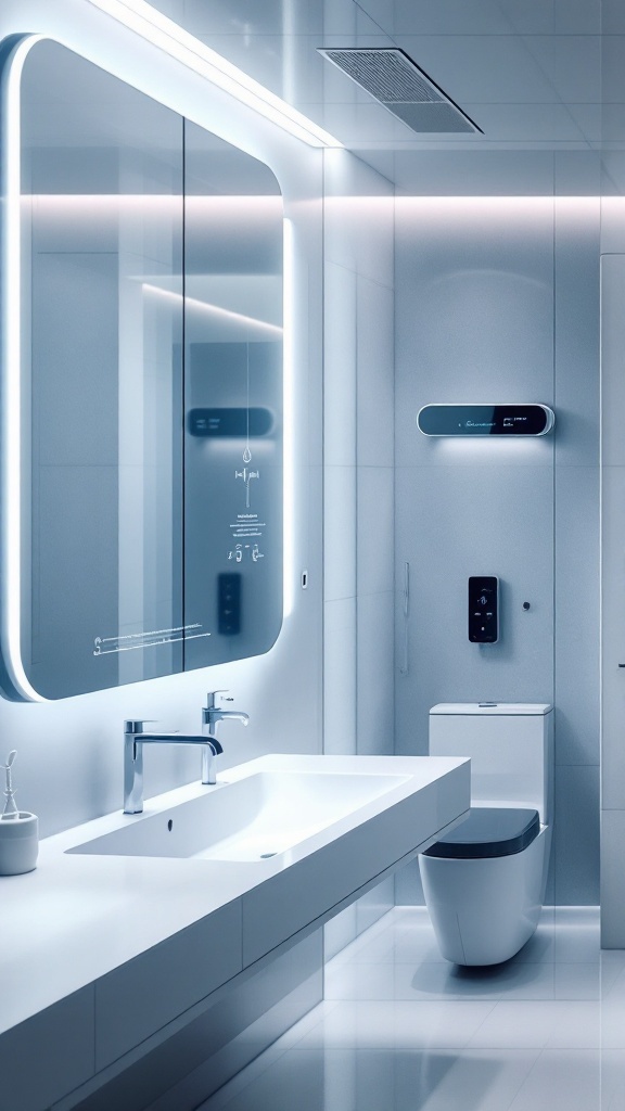 A modern bathroom featuring smart technology, sleek design, and ambient lighting.