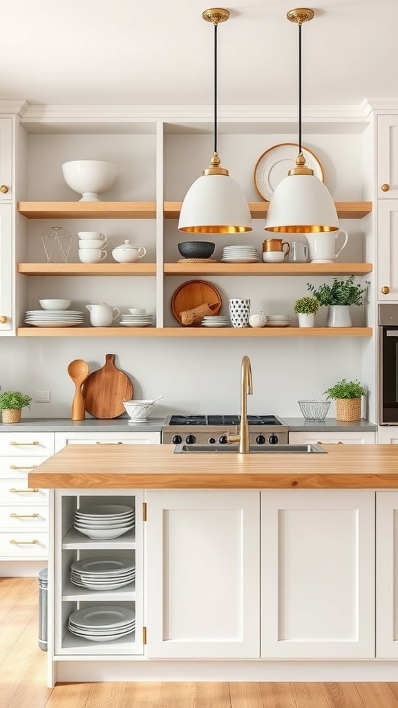 A modern kitchen with open shelving, featuring wooden shelves filled with dishes and decorative items, complemented by stylish pendant lighting.