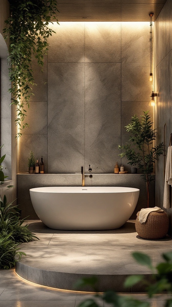 A modern bathroom featuring a freestanding tub, stone walls, soft lighting, and plants creating a spa-like atmosphere.